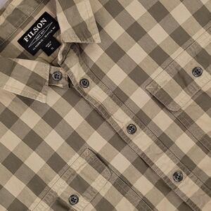Filson Shirt Mens XL Olive Khaki Check Plaid Short Sleeve Button Front Cotton